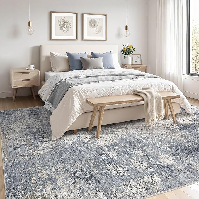 9x12 Area Rugs for Living Room - Washable Living Room Rug Large Abstract Modern Neutral Soft Carpet with Non-Slip Backing, Stain Resistant for Bedroom Dining Decor (Light Denim Blue)