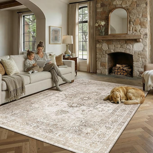PureCozy Taupe 6x9 Area Rug Washable Vintage Living Room Carpet Non Slip Retro Distressed Low Pile Soft Oriental Medallion Thin Large Throw Rug for Office Bedroom Dining Room Playroom