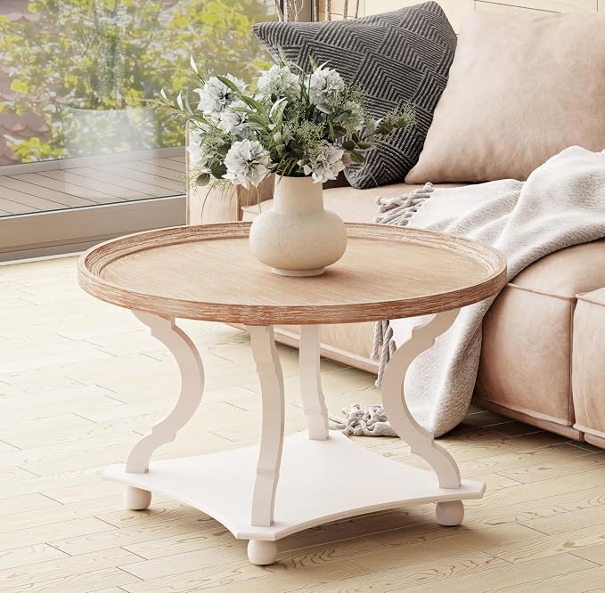 COZAYH Round Farmhouse Coffee Table, Wood Tray Top, White, Circle | Coffee Table with Storage, Rustic Coffee Table, Small Round End Table, Round Wood Accent Table