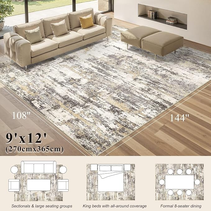 Area Rugs 9x12 Living Room: Washable Large Abstract Modern Neutral Soft Rug Stain Resistant Non-Slip Backing Carpet for Bedroom Dining Room Indoor Nursery Home Office Decor (Gold Brown)