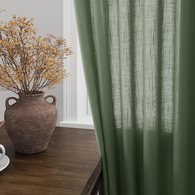 Nanspring Olive Green Linen Curtains for Living Room 2 Panels Set 105 Inch Length Back Tab Light Filtering Semi Sheer Curtain Drapes for Bedroom 52x105
