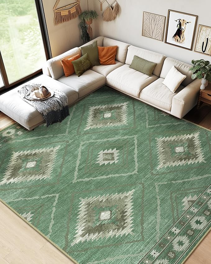 BESTSWEETIE Area Rug 6x9 Rug Machine Washable Rug Non-Slip Low Pile Print Pattern Western Rug for Living Room Bedroom Entryway Tribal Series -Sage