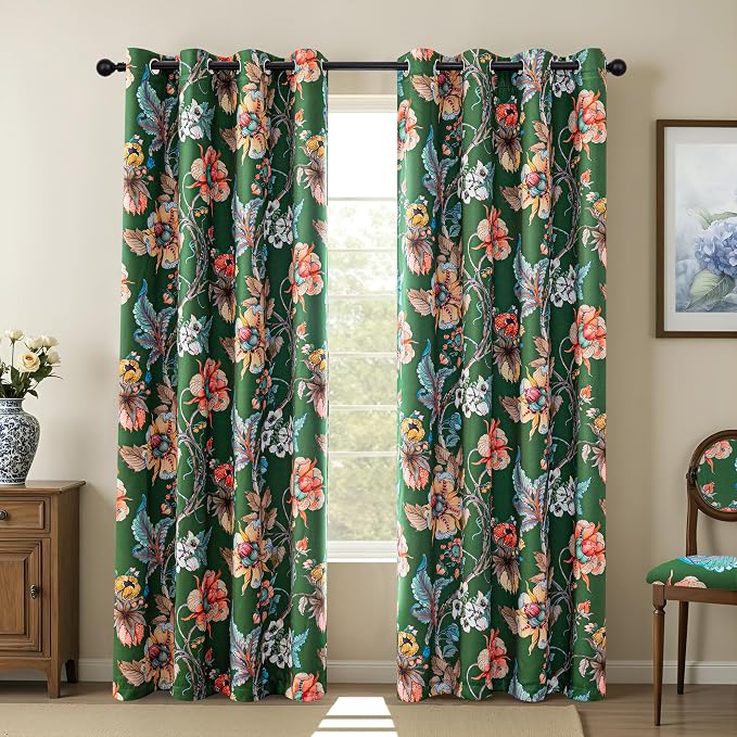 MYSKY HOME Green Floral Blackout Curtains 90 Inch Long Bedroom Black Out Thermal Insulated Noise Reducing Drapes Flower Printed Cottagecore Style Grommet Window Treatment Living Room, Pack-2