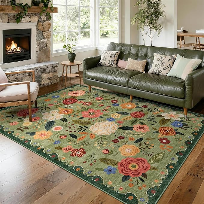 5x7 Washable Area Rug for Living Room, Floral Non-Slip Non-Shedding & Easy Care, Soft Low Pile Boho Indoor Floor Carpet for Living Room, Bedroom, Farmhouse, Dining Room, Kids Playroom, Green