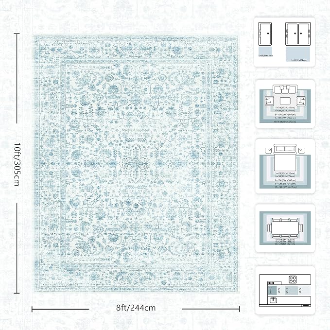 8x10 Area Rugs for Living Room, Washable Vintage Retro Floral Rug, Low Pile Non Slip Distressed Large Carpet for Bedroom, Dining Room, Office, Home (Blue)