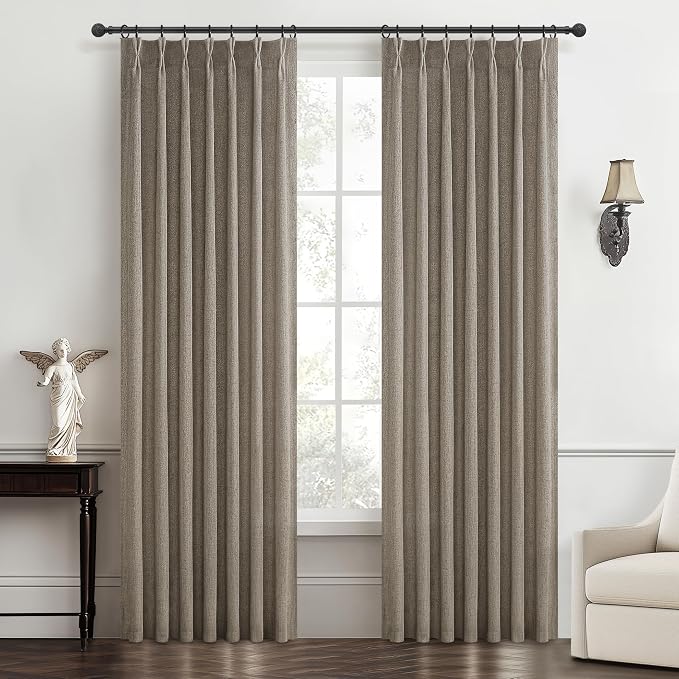 Pinch Pleated Natural Linen Sheer Curtains 84 Inches Long for Living Room 2 Panels Set, Dark Flax Light Filtering Farmhouse Thick Drapes with Hooks Rings Back Tab for Bedroom 40"W x 84"L Window Burg