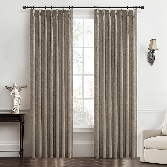 Custom Heavy Linen Pinch Pleated Kitchen 54 Inch Curtains 2 Panels Set, Dark Tan Boho Memory Trained Privacy Short Sheer Curtains Let The Light in Bedroom with Hooks Sunroom Flax Pleat Window Drapes