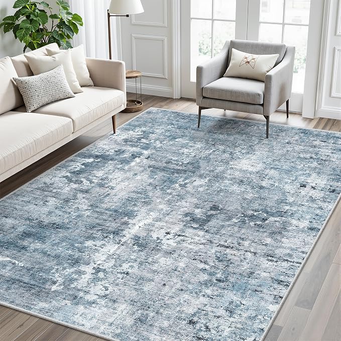 Soalmost Abstract Rug 5x7 Machine Washable Area Indoor Blue Low Pile Non-Slip Foldable Thin Accent Rugs for Bedroom Living Room Dining Room