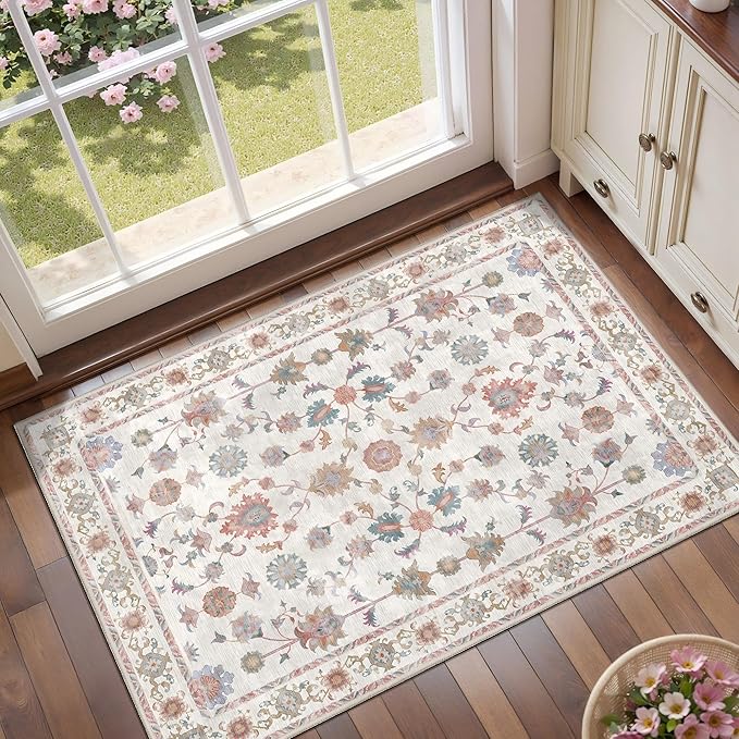 Tangsoo 2x3 Small Throw Rugs for Entryway Washable Entry Rug Non Slip, Vintage Floral Indoor Rugs Distressed White Small Carpet Soft Low Pile Boho Door Mat for Entrance Bedroom Kitchen Foyer Decor