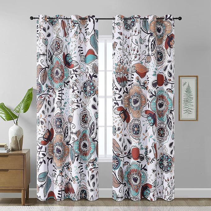 Estelar Textiler Flower Print Vintage Style Room Darkening Grommet Curtain Drapes for Chic Elegant Bedroom Decor,Colorful Floral Print Drapes for Living Room Bedroom Dining Room,52Wx96L(2 Panels)
