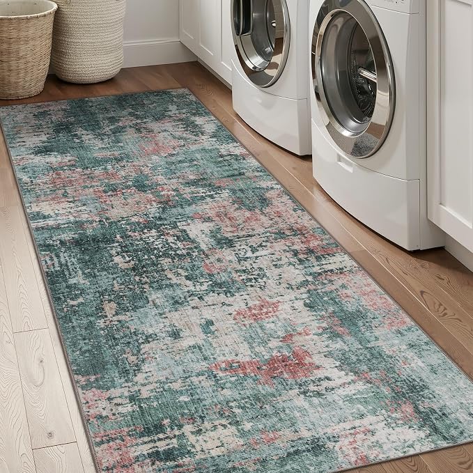 Sasttie 2x8 Soft Runner Rug for Entryway, Modern Abstract Washable Carpet for Hallway, Kitchen and Laundry Room, with Non-Slip Backing, Pink and Green