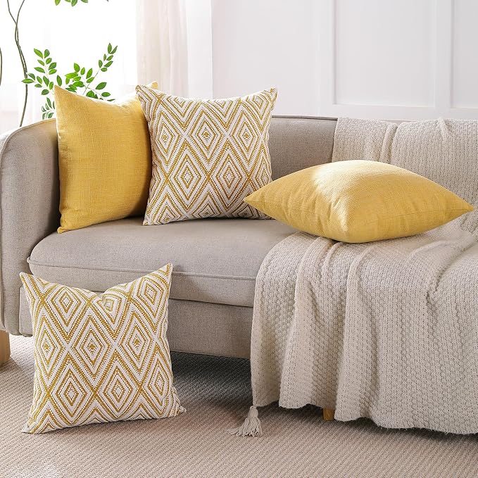 HPUK Throw Pillow Covers 20x20 Inch Set of 4, Linen Decorative Pillow Covers, Accent Cushion Covers for Couch Sofa Bed Bedroom Living Room Décor, Ochre