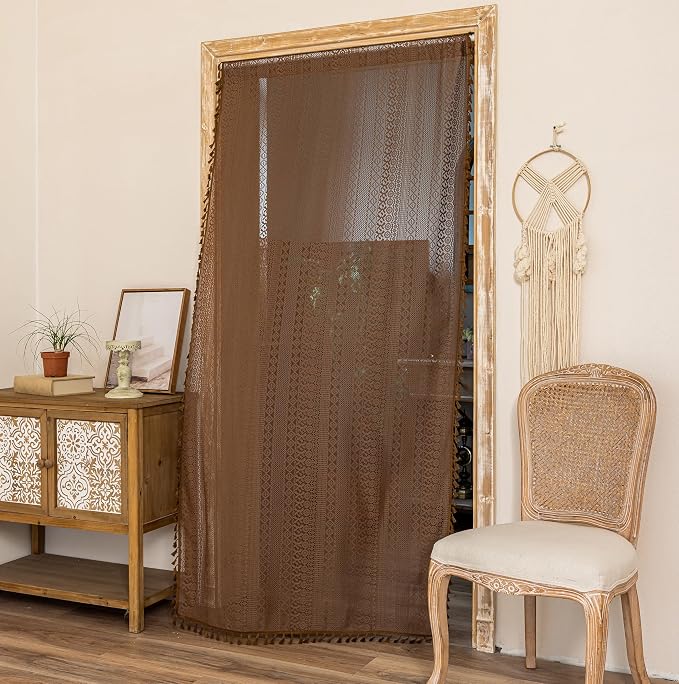 Sutuo Home Dark Coffee Door Curtain for Door Window, Lace Sheer Doorway Curtain for Closet Crochet Vintage Tassels Bohemian Privacy Temporary Room Divider Rod Pocket,1 Panel 37" x 80"