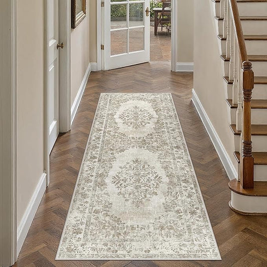 PureCozy 2x5 Runner Rug Beige Washable Hallway Kitchen Bedroom Vintage Distressed Bathroom Non Slip Medallion Floral Carpet Indoor Retro Throw Floor Mat for Office Dining Laundry Living Room