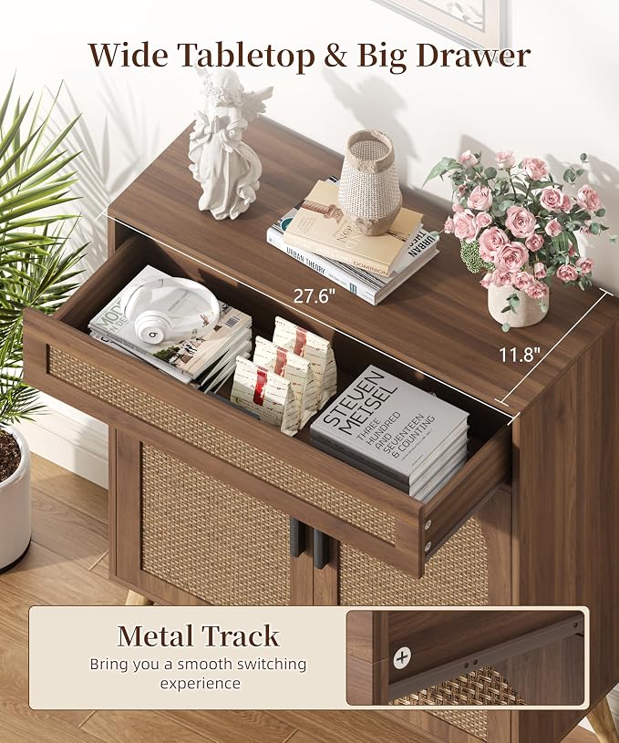 Keehusux Rattan Storage Cabinet with Drawer and 2 Doors, Accent Sideboard Buffet Cabinet with Adjustable Shelf, Solid Wood Feet, Coffee Bar for Kitchen, Living Room, Entryway, Walnut