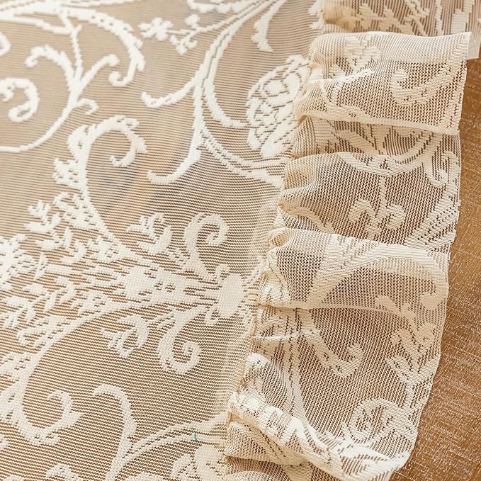 TUDECO Beige Boho Curtains 8 Foot - Cottage Translucen Lace Curtains for Living Room Bedroom, Pretty Chic Floral Ruffle Light Filtering Privacy Window Decor, 59 x 96 Inch, Light Beige