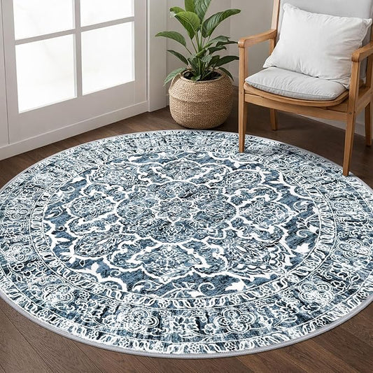 KUTA Vintage Round Rugs 5ft, Blue White Washable Circle Rug 5ft, Non-Slip Printed Floral Medallion Carpet for Living Room, Soft Cozy Dining Kitchen Throw for Entryway