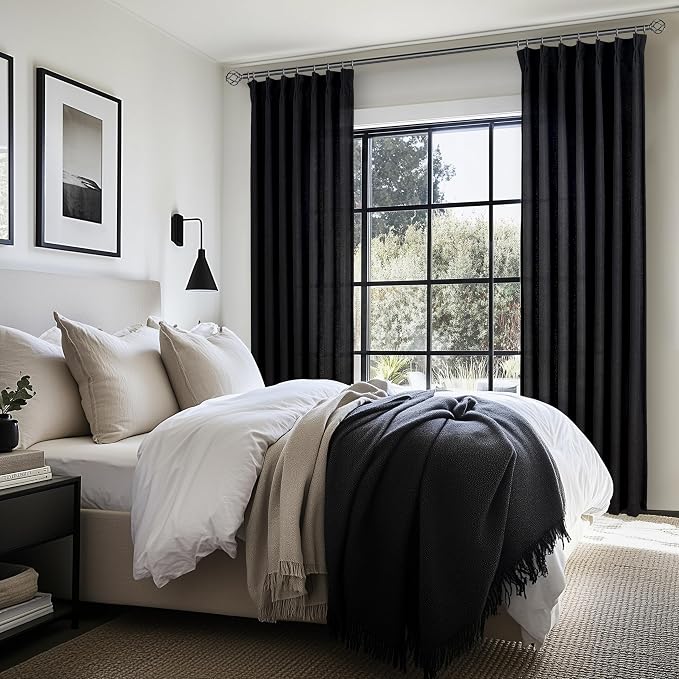 Pinch Pleated Black Sheer 96 Inch Curtains for Bedroom, Neutral Thick Linen Blend Pleat Light Filtering Sliding Door Curtain Lush Decor Privacy Window Drapes Hooks Back Tab (40"W x 96"L Panels 2 Set)