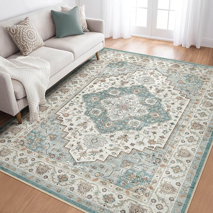 6x8 Area Rug Living Room: Washable Boho Large Neutral Vintage Soft Rug Stain Resistant Farmhouse Non-Slip Indoor Floor Carpet for Bedroom Nursery Kids Playroom Office Dining Room Home- Teal Brown