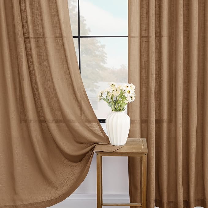 Brown Curtains for Living Room Back Tab Modern Farmhouse Semi Sheer Curtains 96 inches Long 2 Panels Set Muted Neutral Window Curtain for Dining Room Bedroom 52x96
