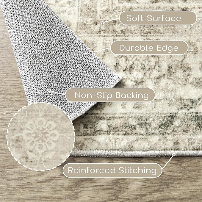 BILEEHOME Boho Cream Area Rugs 6x9 for Bedroom Washable Floral Neutral Modern Rug for Living Room,Light Beige and Tan Brown