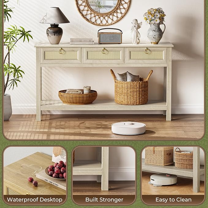 SUPERJARE Rattan Console Sofa Table with Outlets and USB-C Port, 3 Drawer Entryway Table with Synthetic Rattan Surface, Open Shelf, Behind Couch Entry Foyer Hallway Storage, Light Gray