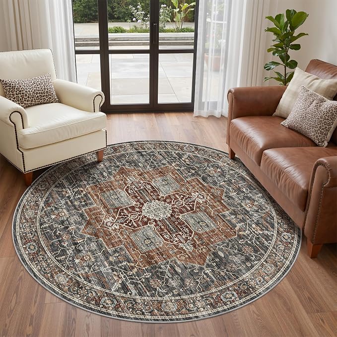 Roxstand Washable 6ft Round Rug - Vintage Non-Slip Circle Rugs for Living Room, Low-Pile Stain Resistant Round Area Rug for Bedroom Dining Room (Grey/Brown/Tan)