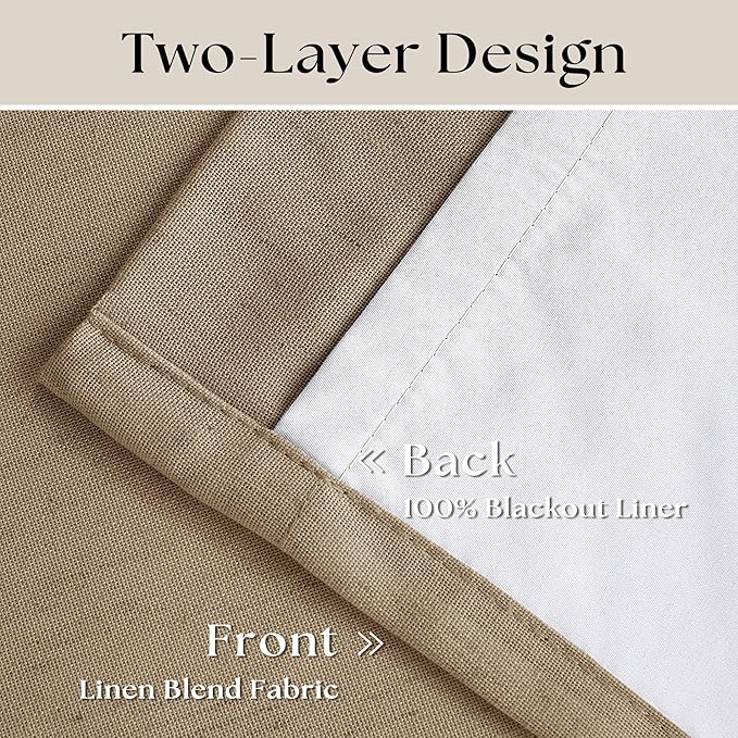 Light Brown Black Out Curtains 63 Inch Long for Bedroom Pinch Pleated with Rings Hooks Back Tab Thermal Insulated Short Linen Blackout Drapes Farmhouse Living Room Darkening Kitchen Coffee Curtains