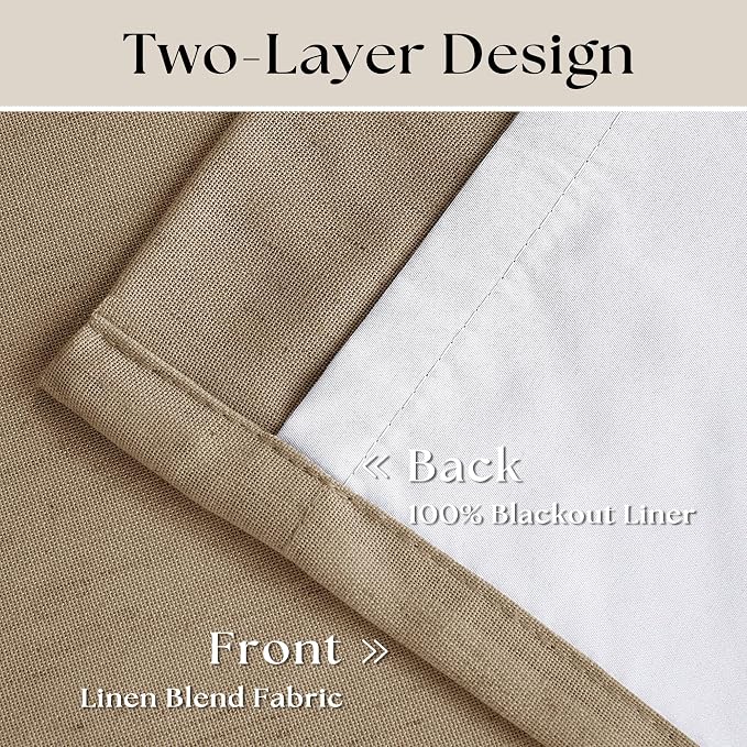 Copper Brown Pleated Linen Blackout Curtains 102 Inches Long for Bedroom Living Room Pinch Pleat Black Out Thermal Insulated Ring Hooks Room Darkening Drapes Tan Coffee Curtains with Liner 40x102
