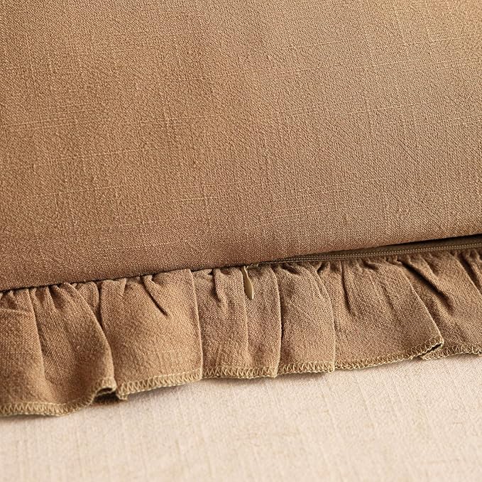 Foindtower Set of 2 Decorative Soild Fringe Ruffle Throw Pillow Covers Soft Boho Farmhouse Cushion Cover Cozy Accent Retro Pillowcase for Couch Sofa Bed Living Room Home Decor,20×20 Inch,Orange Brown