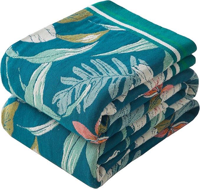 Phuryllic Boho Throw Blanket Full Size, Extra Large Soft Cozy Cotton Muslin Quilt Blanket for Bed Decor, Floral Patterned Couch Sofa Chair Cover, Vintage Farmhouse Cottage Woven Blanket, Teal&Green