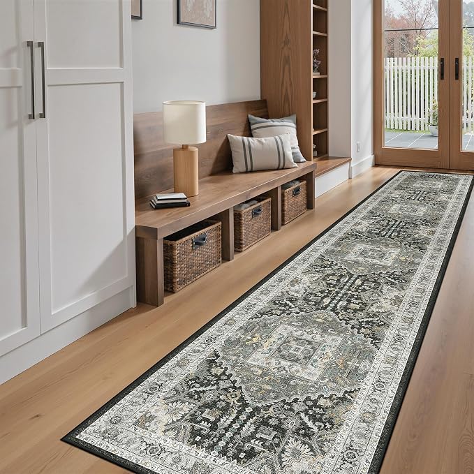 Madane Washable Runner Rugs 2x12 for Hallway Kitchen Grey Green/Black Olive | Non-Slip Vintage Printed 12ft Long Rug Runners with Rubber Backing, Thin Low-Pile Floor Carpet Laundry Room Entryway