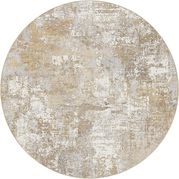 Tortania Washable 5' Round Area Rug for Living Room: Modern Abstract Neutral Large So' Thin Rugs - Non Slip Indoor Carpet for Bedroom Dining Room Office Nursery Home Floor Decoration - Brown Grey