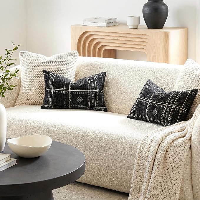 BlissBlush Decorative Lumbar Pillow Covers 12x20 Set of 2, Boho Textured Chenille Accent Rectangular Throw Pillow Covers for Couch Sofa Living Room Home Décor, Black (Cover Only)