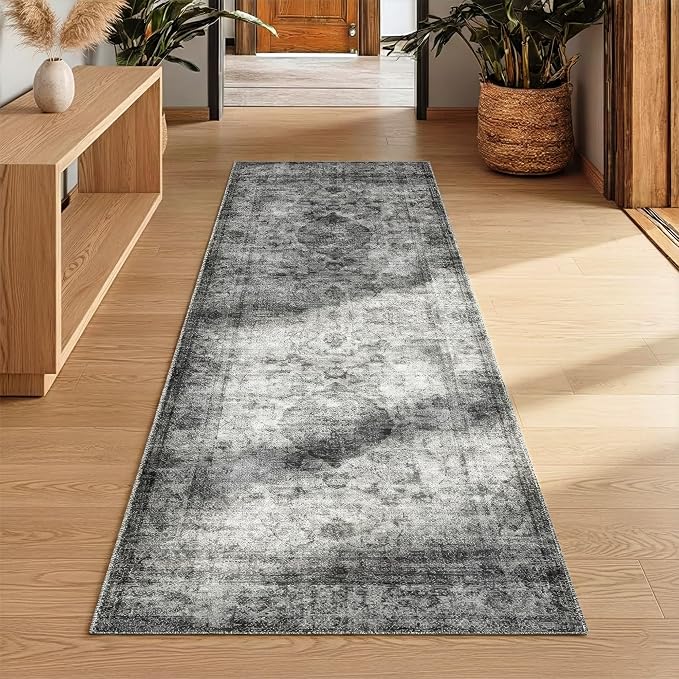 Homemate Washable Rug 2x6 Area Rugs - Vintage Faux Wool Rugs for Living Room Bedroom Dining Room - Non Slip Foldable Carpet Indoor Area Rug for Home Decor（2'x6', Black