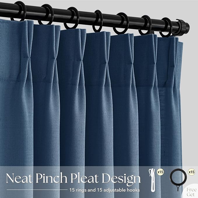 Pinch Pleated Navy Blue Curtains 72 inches Long 2 Panels for Living Room Textured Semi Sheer Pleat Linen Drapes 72 Inch Length with Hooks Navy Sliding Glass Door Light Filtering Curtain