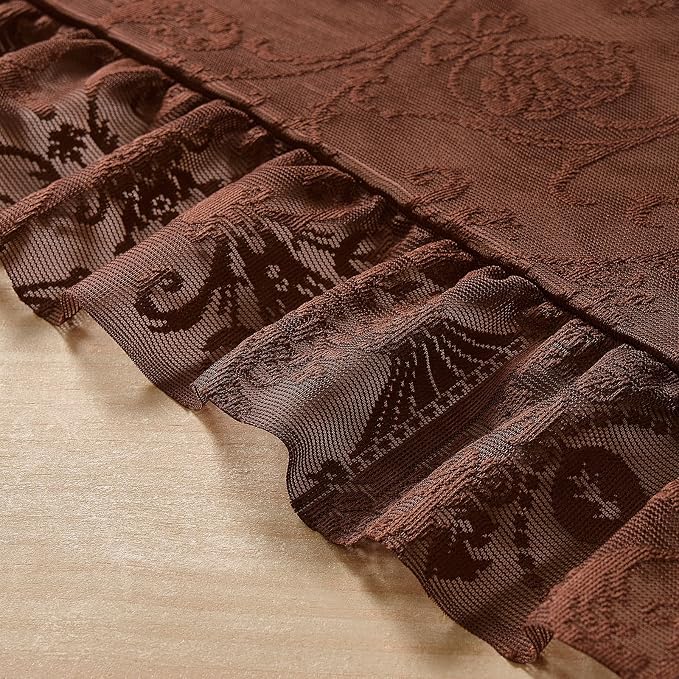 TUDECO Brown Sheer Curtains 84 Inches Long, Farmhouse Floral Brown Lace Curtains for Bedroom Living Room, Rod Pocket Cottagecore Ruffle Boho Drapes, Light Filtering & Privacy, 59W x 84L Inch