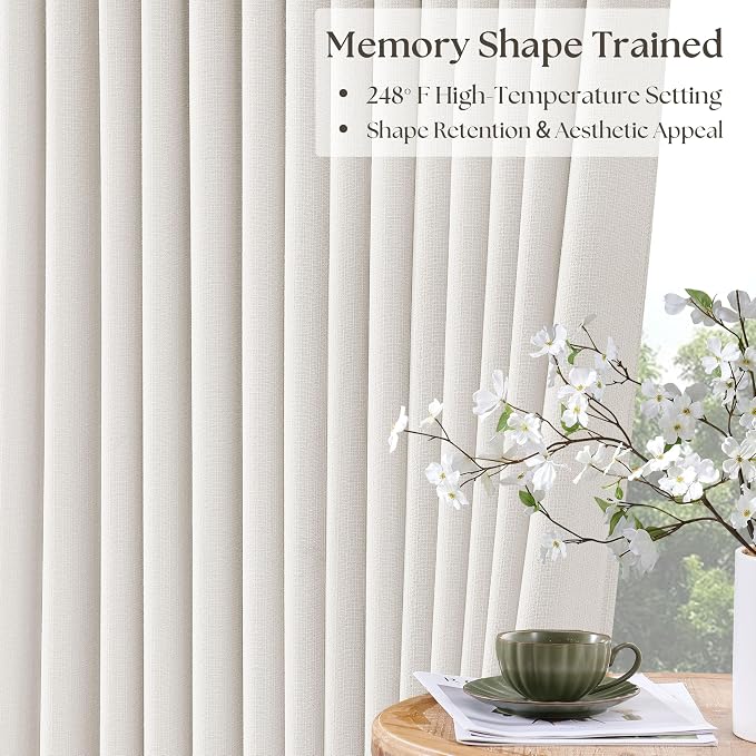 TWODRAPES Ivory Linen Blackout Pleated Curtains 84 Inches Long 2 Panels Set Pinch Pleate 100% Black Out Double Layer Natural Burlap Thermal Insulated Drapes for Bedroom Living Windows 84 Inch Length