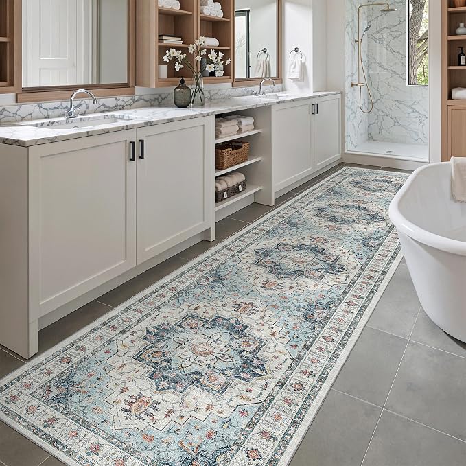 Madane Hallway Runner Rug 2'6''x12' Kitchen Runners Vintage, Blue | Non-Slip Washable Rugs 12ft for Laundry Room, Entryway and Bedroom, Soft Low Pile Stain-Resistant Wide 2.5x12 Ft Floor Carpet