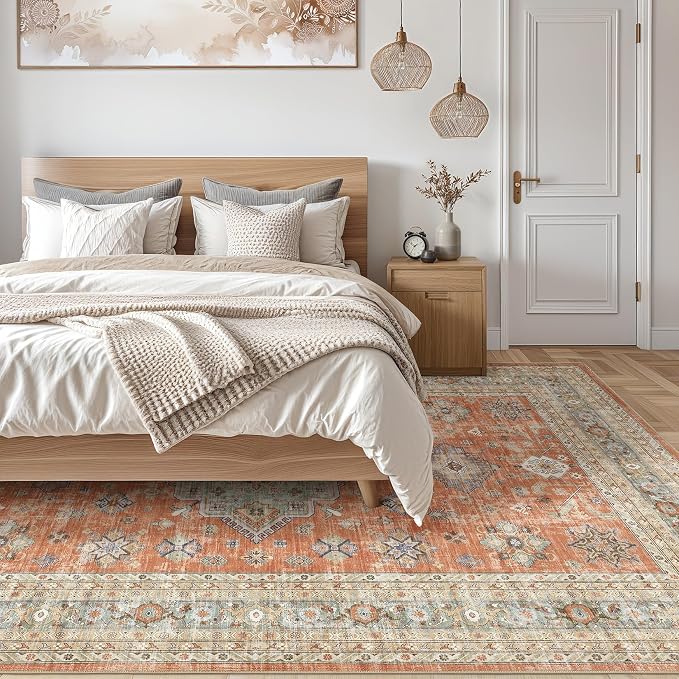 Vintage Living Room Area Rug 8x10 - Large Soft Washable Oriental Traditional Distressed Farmhouse Rugs for Bedroom - Indoor Floor Accent Carpet for Home Office House Decor - Orange