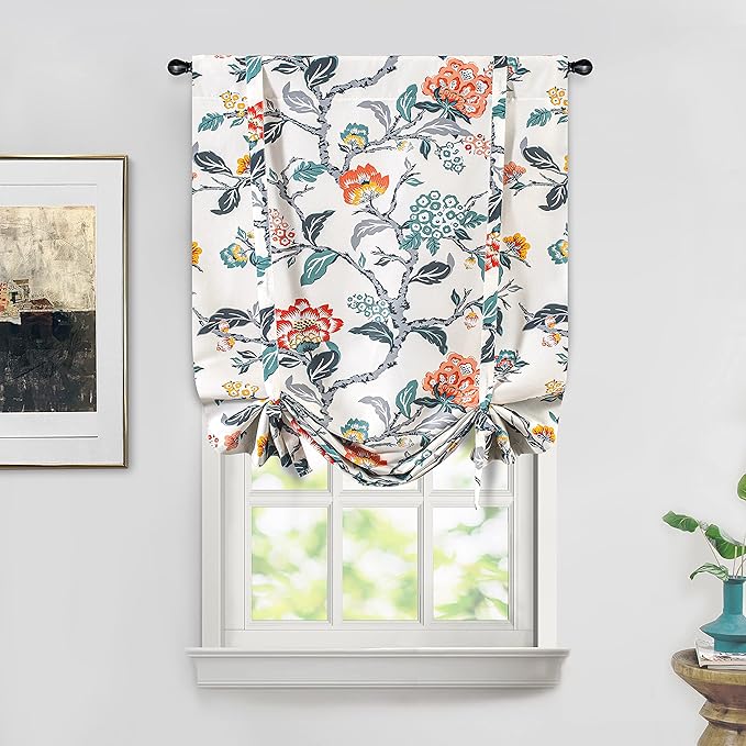 DriftAway Ada Floral Botanical Print Flower Leaf Lined Thermal Insulated Room Darkening Blackout Tie Up Window Curtains 2 Layers Each 25 Inch by 47 Inch Ivory Orange Teal