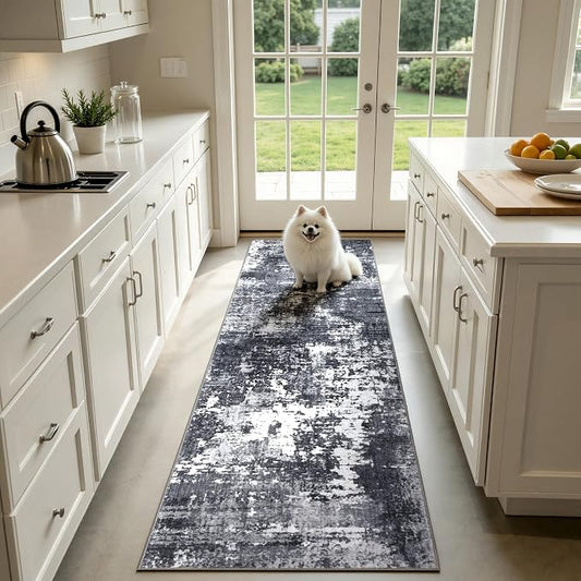 Sasttie 2x10 Soft Runner Rug for Entryway, Modern Abstract Washable Carpet for Hallway, Kitchen and Laundry Room, with Non-Slip Backing, Black and White