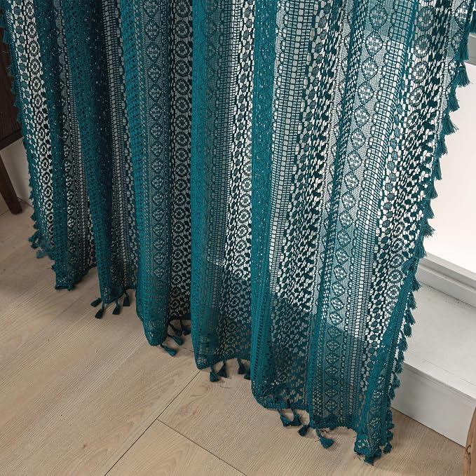 WAZZIO Boho Lace Curtains 84 Inches 2 Panel,Light Filtering Privacy Tassel & Geometry Crochet Semi Sheer Curtain Drapes for Bedroom Living Dining Room,Rod Pocket & Tassel,Coastal Style,Teal