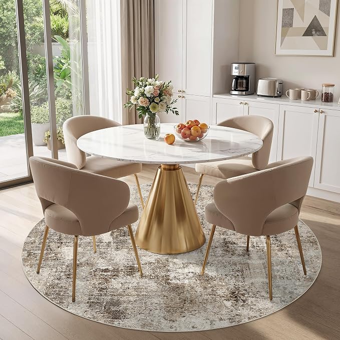 WITSHOCK Area Rugs 6ft Round Living Room Rug - Washable Neutral Soft Low Pile Non-Slip Modern Abstract Thin Large Indoor Carpet for Bedroom Dining Room Nursery Office - Dark Brown