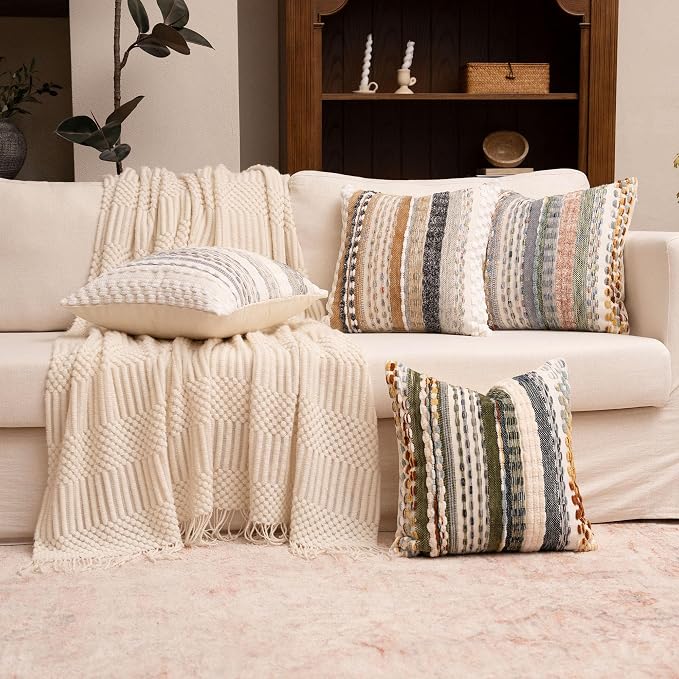 Boho Chenille Tufted Throw Pillow Covers 18x18 Inch Set of 2 Farmhouse Mixed Green Woven Striped Decorative Pillowcases for Couch Sofa Bed