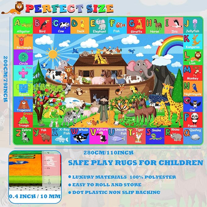 ABC Kids Rug for Playroom 110×78.7 in Noah's Ark Animals Rug Play Mat Alphabet Playmat Shape Color Classroom Carpet Kids Playroom Early Learning Carpet for Preschool Tummy
