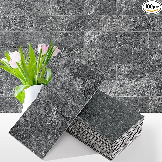 Vamos Tile 100 Pieces Peel and Stick Backsplash Tiles, 3" x 6" PVC Subway Tile, Black Slate Stick on Backsplash Tiles for Kitchen/Bathroom/Fireplace/Laundry/Camper