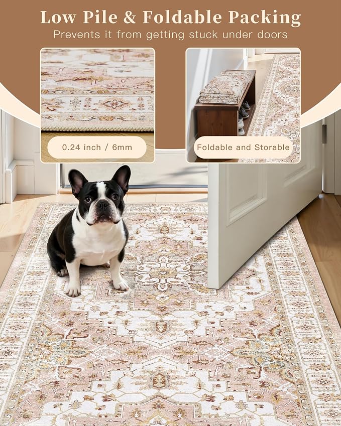 Madane Washable Runner Rugs 2x12 Long for Hallway Kitchen Soft, Pink | Non-Slip Vintage Printed 12ft Rug Runners with Rubber Backing, Low-Pile Floor Carpet Laundry Room Entryway, Corridor