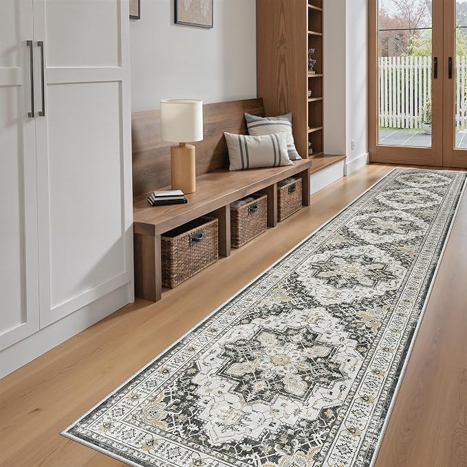 Madane Washable Runner Rugs 2x12 Long for Hallway Kitchen Soft, Black | Non-Slip Vintage Printed 12ft Rug Runners with Rubber Backing, Thin Low-Pile Floor Carpet Laundry Room Entryway, Corridor