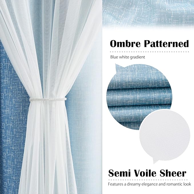 Ombre 100% Blackout Curtains 63 Inches Long 2 Panels for Bedroom Living Room Blue and White Double Layer Sheer Overlay Mix & Match Grommet Thermal Soundproof Drapes with Tiebacks, 52x63